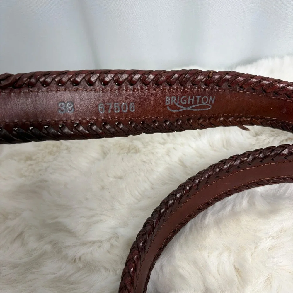Brighton Mens 38 Braided Leather Striped Fabric Belt Brown Silver Buckle 67506